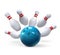 Realistic bowling ball strike hit falling pin skittles. Bowl game sport competition. 3d bowling play target, winning