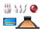 Realistic bowling elements. Challenge sport game equipment, standing and falling skittles, ball and bowling alley