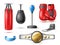 Realistic boxing set. Professional fighting sport accessories, champions belt, gloves, punching bags and mouth guard