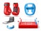 Realistic boxing sports accessories. Fighting sport elements, 3d isolated objects, gloves, helmet, mouth guard and ring