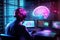 Realistic brain scan, neural activity, neon colors