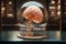 Realistic brain under a glass dome, 3D realistic human brain on a pedestal as a sculpture in the interior. Sacred brains in