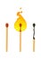 Realistic brand new, burning and burnt match sticks on white background