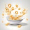 realistic breakfast cereals in white ceramic bowls with splashes of milk isolated vector illustration on gray background. dry