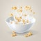 realistic breakfast cereals in white ceramic bowls with splashes of milk isolated vector illustration on gray background. dry