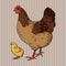 Realistic broody chicken and baby chick side view