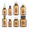 Realistic brown glass medicine and cosmetic bottles, medical packaging isolated vector set