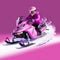 Realistic Brushwork: Girl Riding A Pink Snowmobile On Fuchsia Background