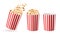 Realistic bucket popcorn. 3d corn snacks paper cups, striped red white packaging empty, full, and with flying flakes