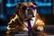 Realistic bulldog posing as a business person in business style