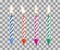 Realistic burning birthday cake candles set isolated on transparent checkered background. Vector illustration.