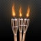 Realistic burning tiki torch set isolated on dark transparent background