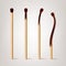 Realistic Burnt Match Vector. Various Stages Of Matches Burning Set Isolated. Realistic Illustration
