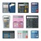Realistic calculators set. Educational math with notes in case shopping large buttons easy calculations stylish pink for