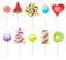 Realistic candies lollipops. 3D sweet colourful fruit caramels on sticks different types, christmas cane, round spiral, red heart