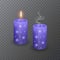 Realistic candle, Burning Blue candle and an extinct candle with glittering texture on dark background, vector illustration