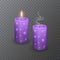Realistic candle, Burning purple candle and an extinct candle with glittering texture on dark background, vector illustration