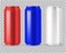 Realistic cans. beer or energy drink aluminium blank can in red, white and blue isolated vector mockups on transparent