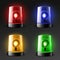 Realistic car flasher sirens. 3d emergency services color lamps, danger rotating lights, green, orange, red and blue