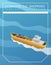 Realistic cargo commercial barge ship. Modern simple template design with text