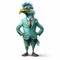 Realistic Cartoon Bird In Stylish Cyan And Bronze Suit