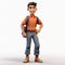 Realistic Cartoon Retail Sales Associate With Orange Shirt And Backpack