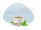 Realistic ceramic cup with hot fresh black tea in pyramidal tea bag on saucer with mint leaves infographic on a light background