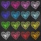 Realistic Chalk Drawn Sketch. Set of Design Elements Hearts of Different Colors Isolated on Chalkboard Backdrop