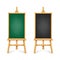 Realistic chalkboard on wooden easel. Blank blackboard in wooden frame on a tripod. Presentation board, writing surface