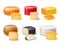 Realistic cheese. Different varieties cheeses, whole circles, blocks and pieces, brie, cheddar and parmesan, maasdam and