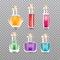 Realistic Chemistry glass bottles of potion set. Love potion.