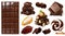 Realistic Chocolate. Chocolate bar, candy, pieces, shavings, cocoa beans and hazelnuts. vector set