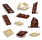 Realistic chocolate pieces set of dark, milk and white chocolate. Chunk of cocoa dessert or square chocolate candy. Food