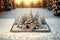 realistic Christmas trees, Gifts box in snow drift, Merry Christmas and Happy New Year festive