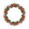 Realistic Christmas vector wreath with flower poinsetia and red berries on evergreen branches with place for text