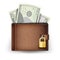 Realistic Classic Brown Wallet Vector. Locked With Padlock. Money. Top View. Finance Secure Concept. Isolated On White