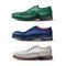 Realistic classic men shoes types. Isolated male natural leather footwear side view, different shapes and colors, green