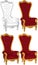 Realistic classic royal deep red armchair with gold detail four different ways template set. Cartoon vector illustration in color