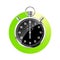 Realistic classic stopwatch. Shiny metal chronometer, black time counter with dial. Green countdown timer showing