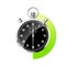 Realistic classic stopwatch. Shiny metal chronometer, black time counter with dial. Green countdown timer showing