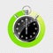 Realistic classic stopwatch. Shiny metal chronometer, black time counter with dial. Green countdown timer showing