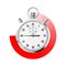 Realistic classic stopwatch. Shiny metal chronometer, time counter with dial. Red countdown timer showing minutes and