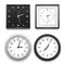 Realistic clocks hanging on wall. Round and square classical clocks in black and silver frames. Dial with digits and