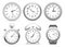 Realistic clocks. Wall round clock, alarm and wristwatches. Stopwatch timer, time watch vector 3D illustration set