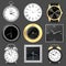 Realistic clocks. Wristwatch, alarm clock and silver metal wall clocks, 3D clock face vector illustration set. Round