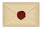 Realistic closed vintage old aged letter envelop with round dark red wax seal stamp. Paper parchment. Ancient postage