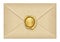 Realistic closed vintage old aged letter envelop with round golden wax seal stamp. Paper parchment. Ancient postage