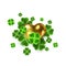 Realistic Clover Leaf and Gold 3d Heart symbols to St. Patrick`s Day holiday. Glossy Shamrock grass lucky icons for