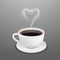 Realistic coffee cup. Hot heart steam, white espresso americano mug. Morning drink for energy vector illustration