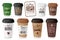 Realistic coffee disposable cups emblems set